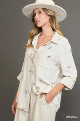 Umgee Linen Blend Fitted Shirt with Ribbon Embroidery Details OutfitFlow